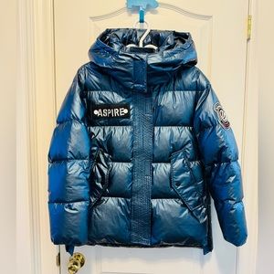 Metallic Blue Goose Down Jacket Winter Parka - Size S
